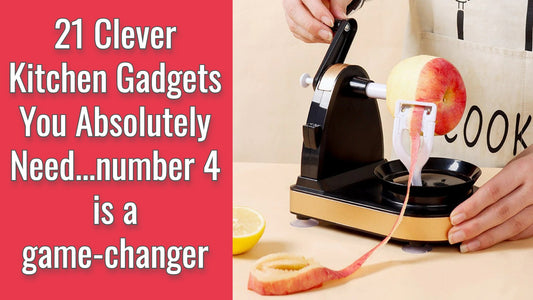 A half peeled apple in a rotary apple peeler along with text which reads, 21 clever kitchen gadgets you absolutely need, number 4 is a game changer.