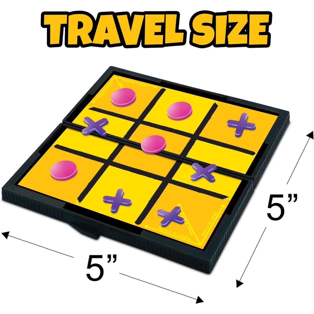 A 5x5 tic-tac-toe game board labeled 'TRAVEL SIZE' with dimension arrows showing 5 inches on each side. The board has a black frame and yellow grid, with pink circles and purple X marks placed on it.