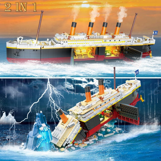A "2 in 1" Titanic model set: top image shows the intact ship at sea with a sunset, bottom image shows the ship sinking with an iceberg and lightning.