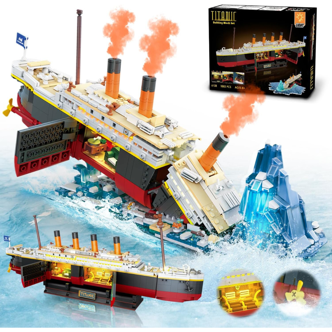A Titanic building block set with 1883 pieces, showing the ship intact and sinking with an iceberg. Box reads "TITANIC BUILDING BLOCK SET 1883 PCS AGES 8+."
