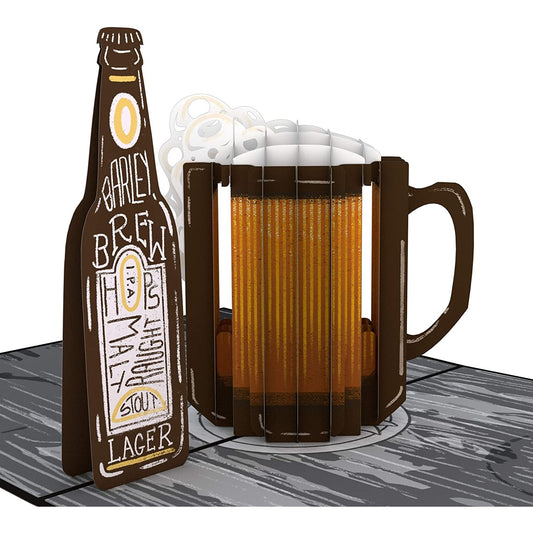 A 3D pop-up greeting card featuring a beer bottle and a beer stein.