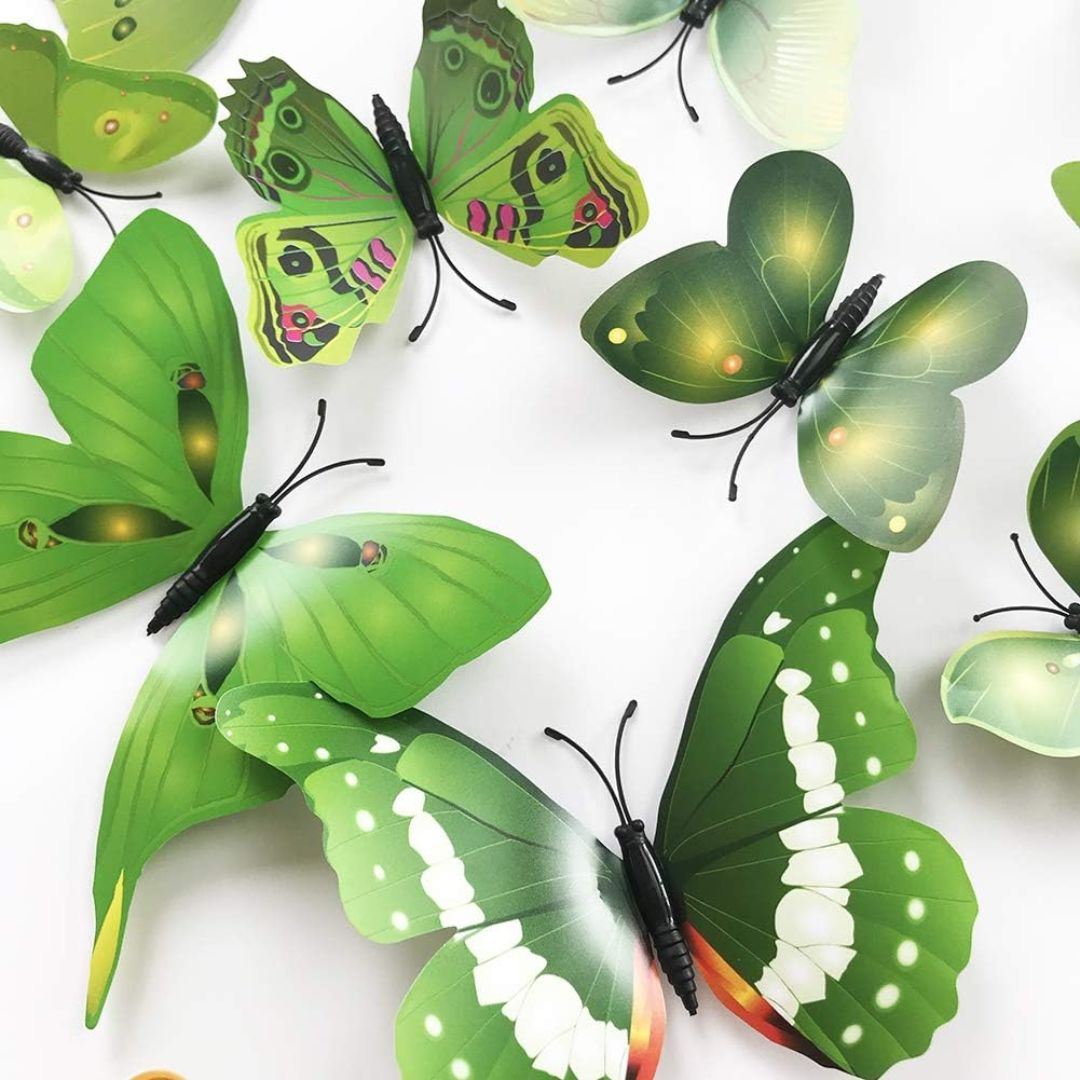 Green butterfly decorations on a white background