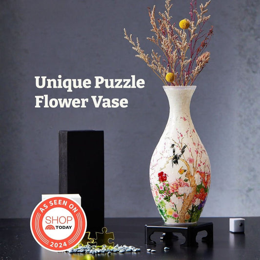 A 3D vase shaped jigsaw puzzle with flowers in it and text saying, 'Unique Puzzle Flower Vase'.