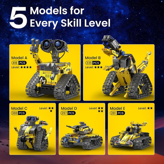 Five different models of a robot toy with varying levels of complexity on a yellow background.