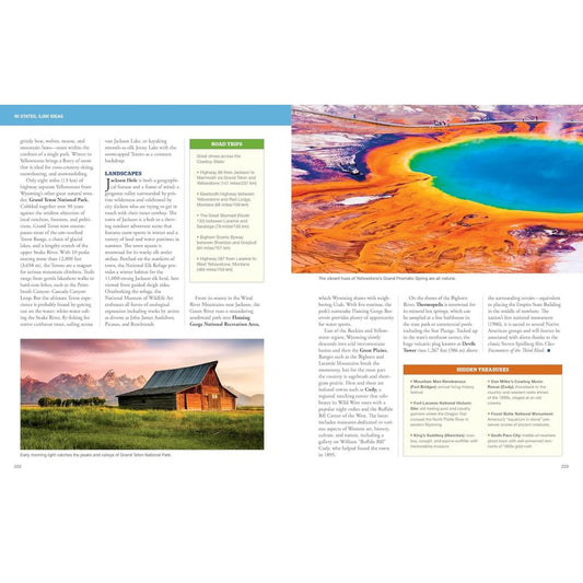 Inside pages of the National Geographic 50 States 5,000 Ideas travel book featuring Yellowstone and Grand Teton road trip highlights