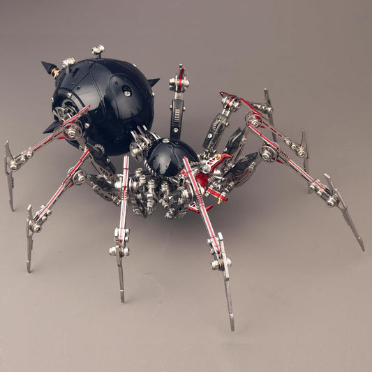A 602 piece 3D metal spider puzzle on a brown background