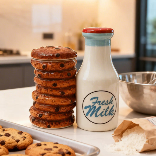 Salt and pepper shakers that look like a stack of chocolate cookies and a ceramic milk bottle with 'Fresh Milk' text on a kitchen counter.