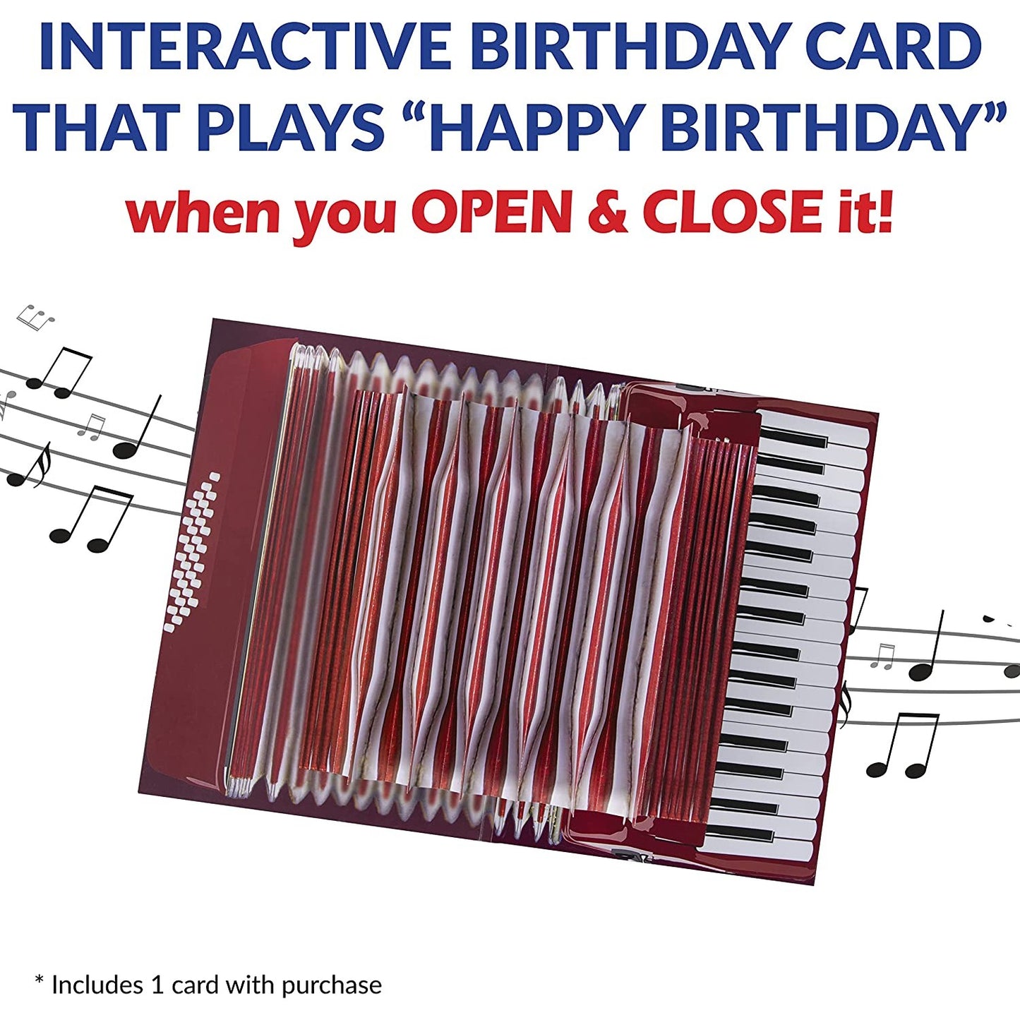 An accordion shaped birthday card with text that reads, 'Interactive birthday card that plays happy birthday when you open and close it.'
