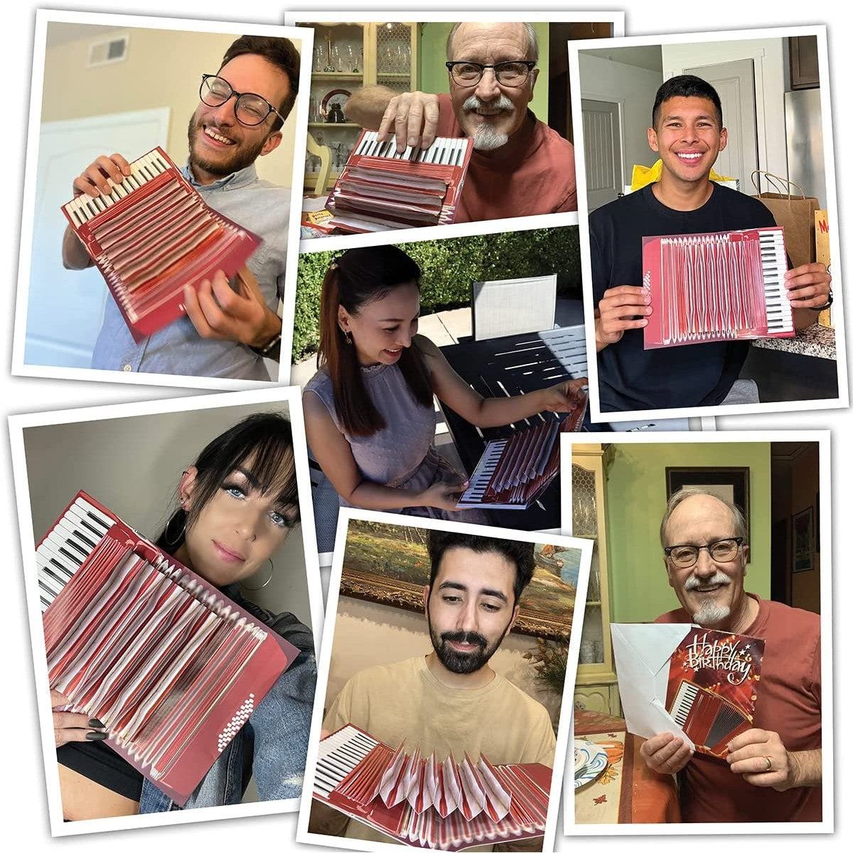 A collage of different people holding an accordion shaped birthday card.