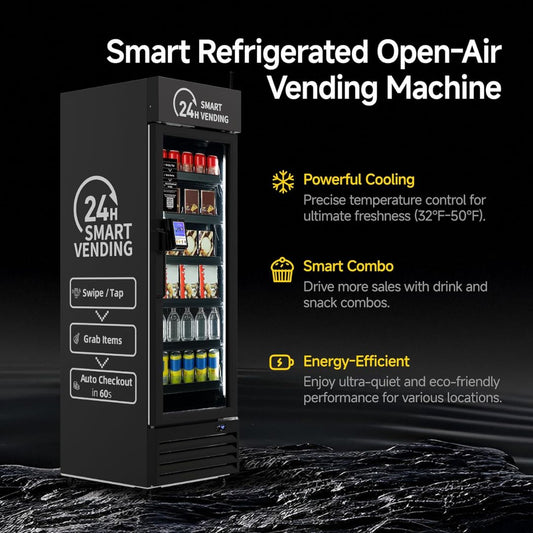AI smart refrigerated open-air vending machine with product display on a dark background