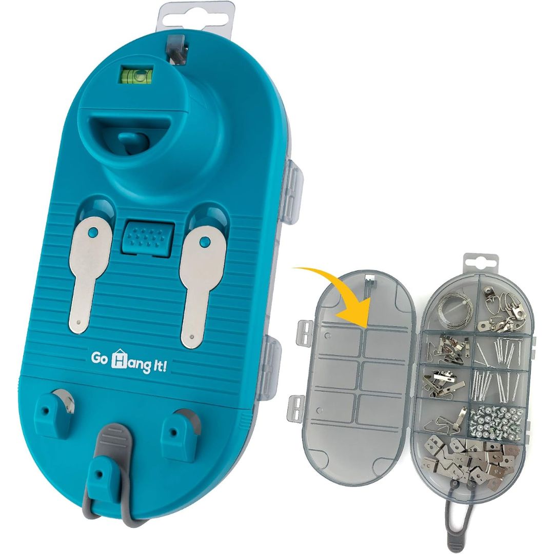 A teal plastic wall hanging hook set shown on a white background, with the main hook tool on the left and a smaller inset showing the included storage organizer and hardware on the right. The main product has a small level window near the top, two white hook inserts, and the brand name 'Go Tang It!' printed near the bottom.