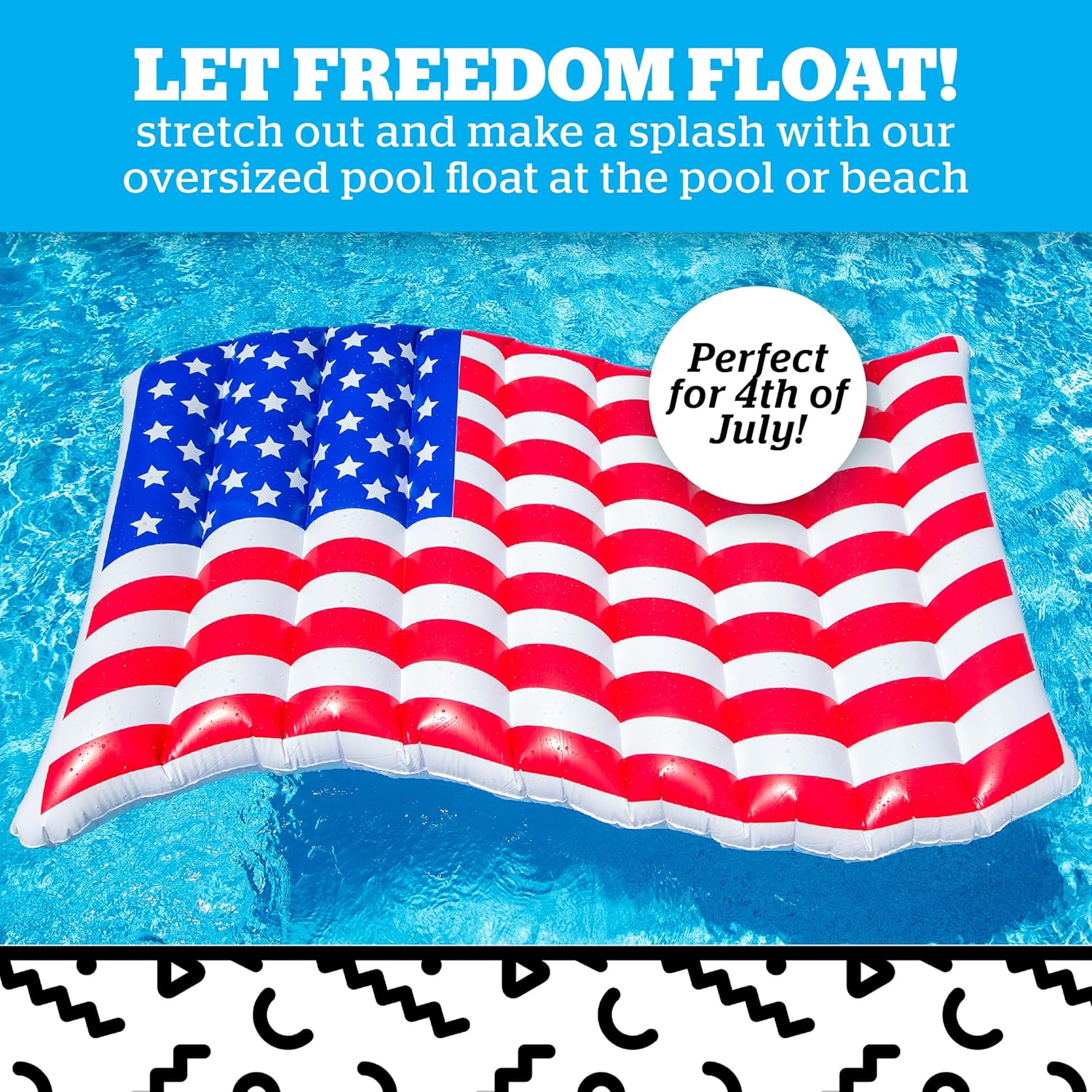 An American flag pool float floats on clear blue water with text promoting it as perfect for the 4th of July.