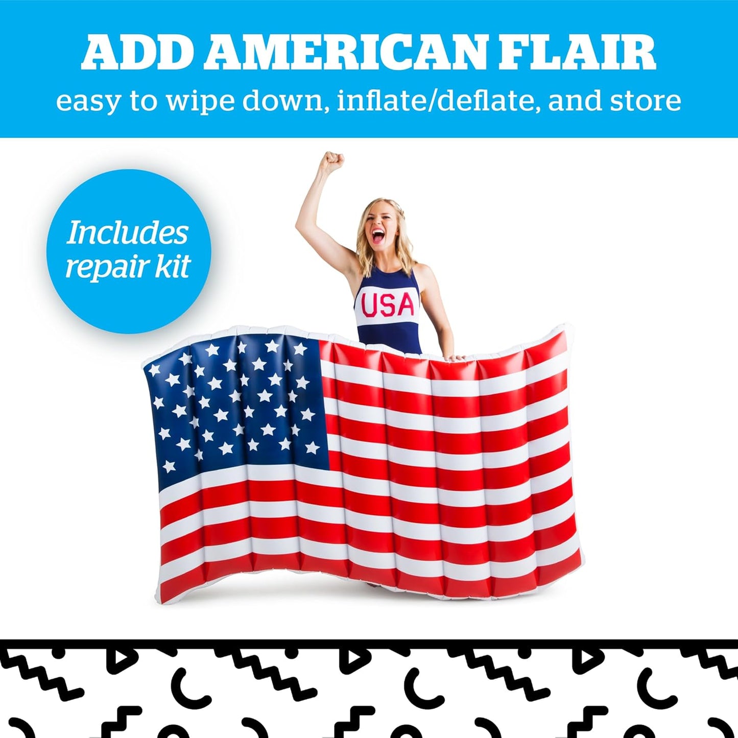 Woman in a USA outfit cheers behind an American flag pool float with text promoting its features and included repair kit.