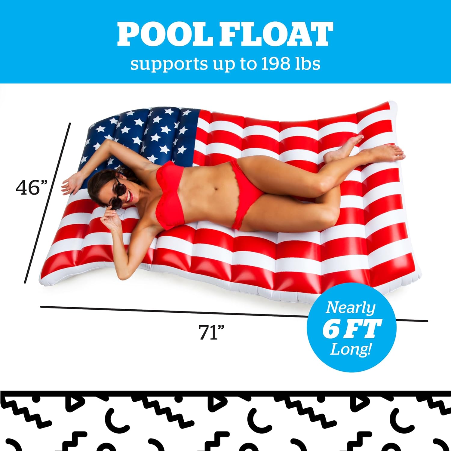 Woman in red bikini lounges on American flag pool float with dimensions shown as 71" x 46", supporting up to 198 lbs.