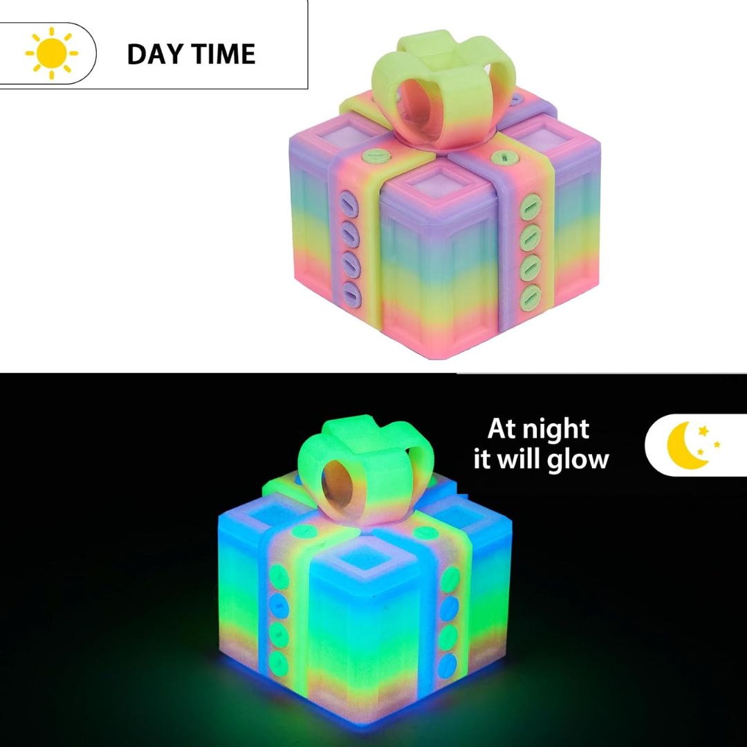 Colorful annoying gift box with screws, showing day and night functionality on a white and black background.