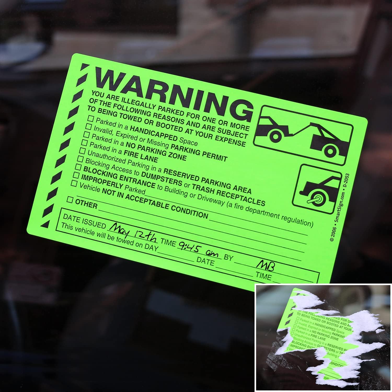 Green parking violation sticker on a car window with handwritten date and time; inset shows sticker residue left behind after removal.