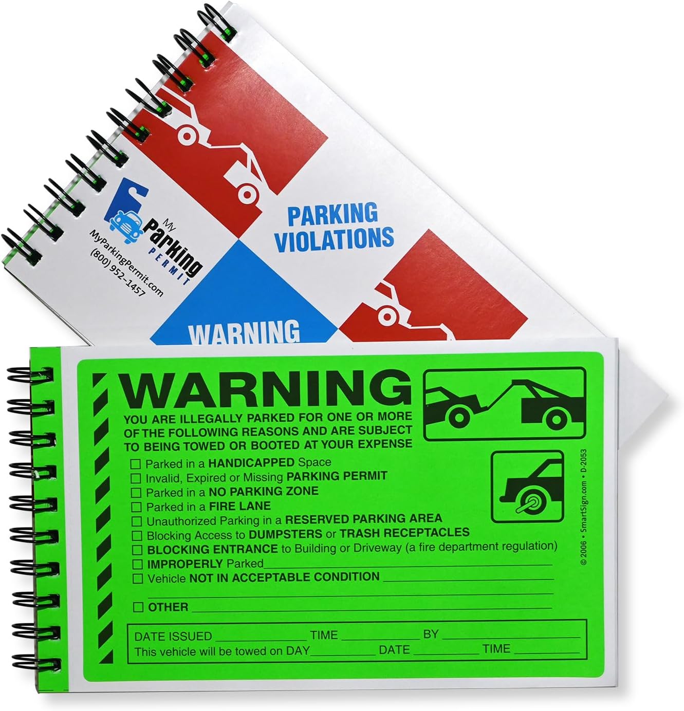 Spiral-bound parking violation warning booklet showing a green warning sticker and cover labeled "Parking Violations" with tow icons.