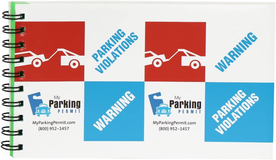 A spiral-bound booklet with a colorful cover displaying the words "PARKING VIOLATIONS" and "WARNING" alongside tow truck icons. The booklet is branded with "My Parking Permit" and includes contact info (MyParkingPermit.com, (800) 952-1457).