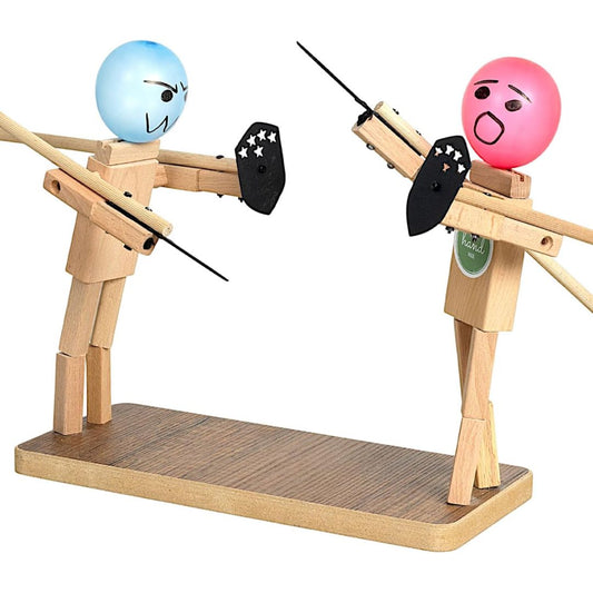 Wooden balloon fencing puppets board game with two sword-fighting figures, shields and colorful balloon heads