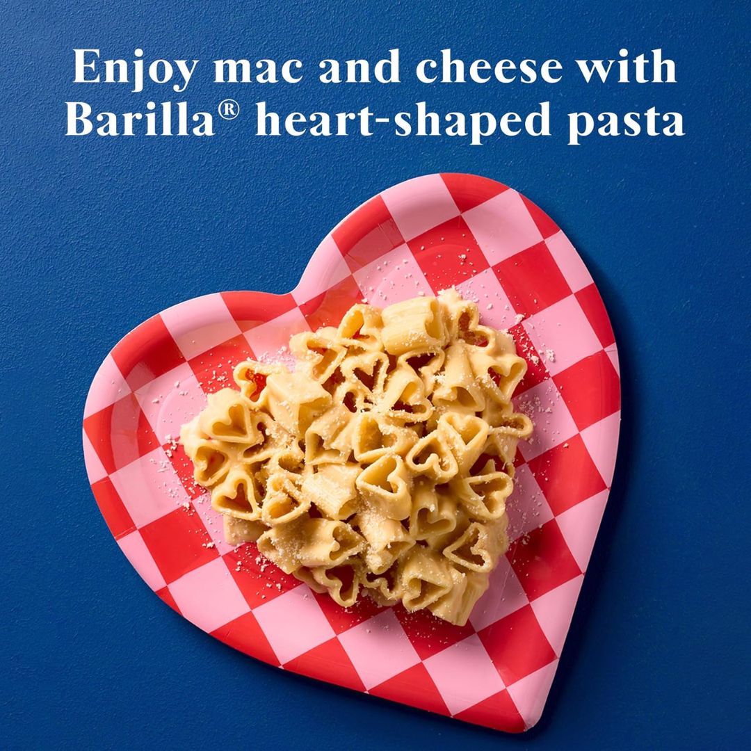 Limited edition heart-shaped pasta in a navy and red 12-ounce box with heart graphics