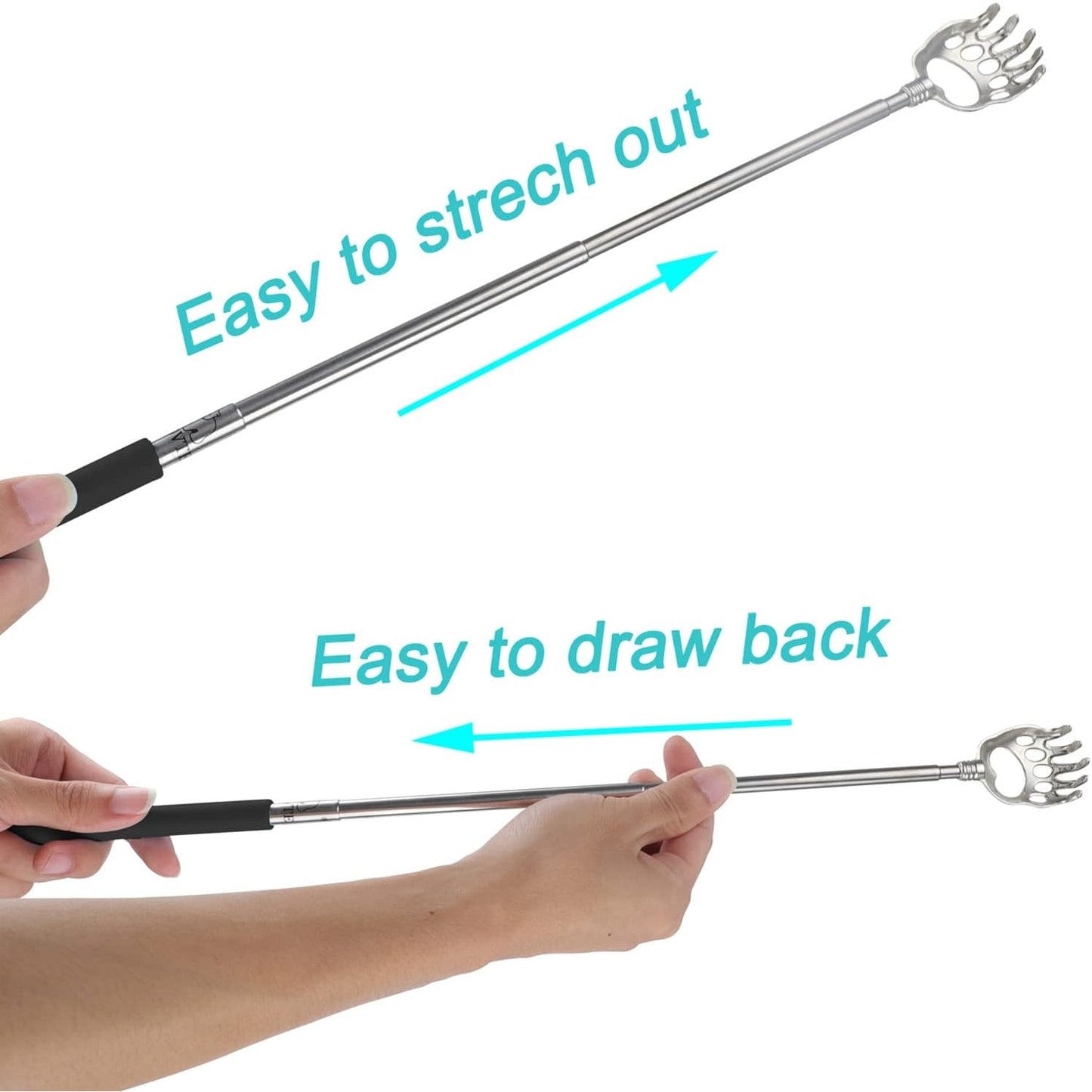 An extendable back scratcher with a bear claw design.