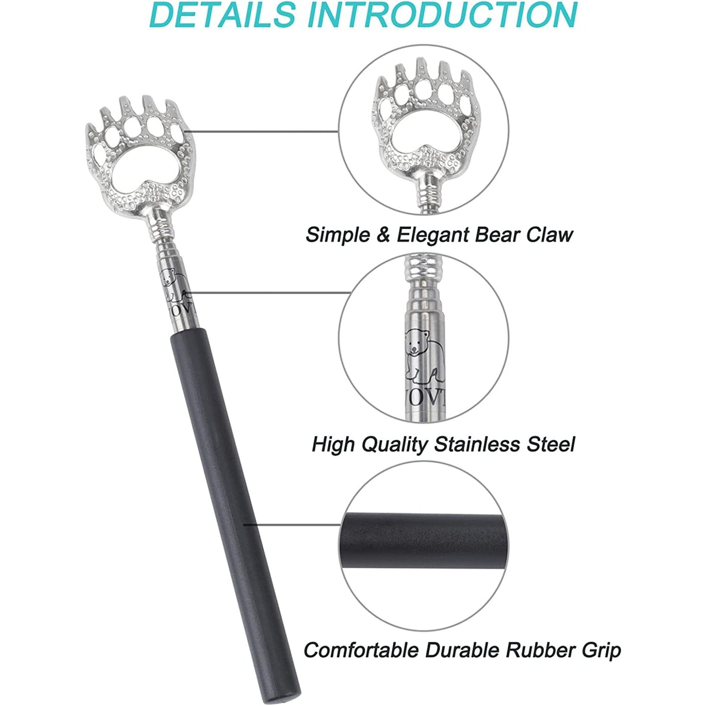 An extendable back scratcher with a bear claw design.