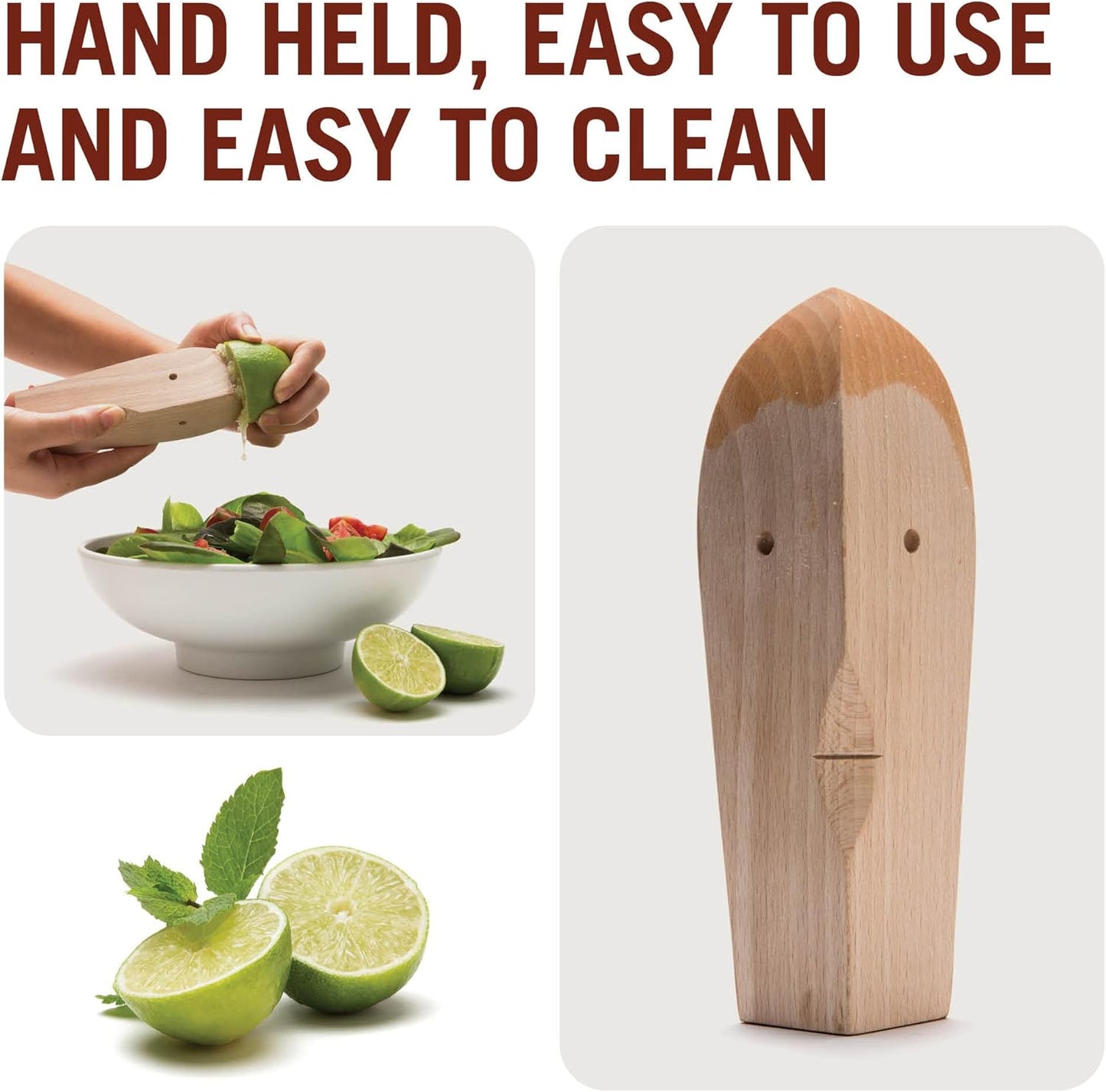 Wooden lemon squeezer shaped like a face being used over a salad, with fresh limes and a close-up of the squeezer shown separately.