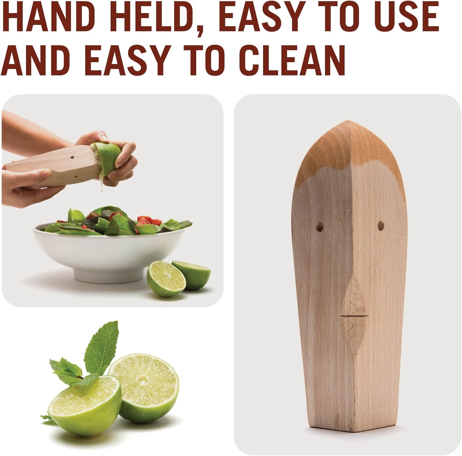 Wooden lemon squeezer shaped like a face being used over a salad, with fresh limes and a close-up of the squeezer shown separately.