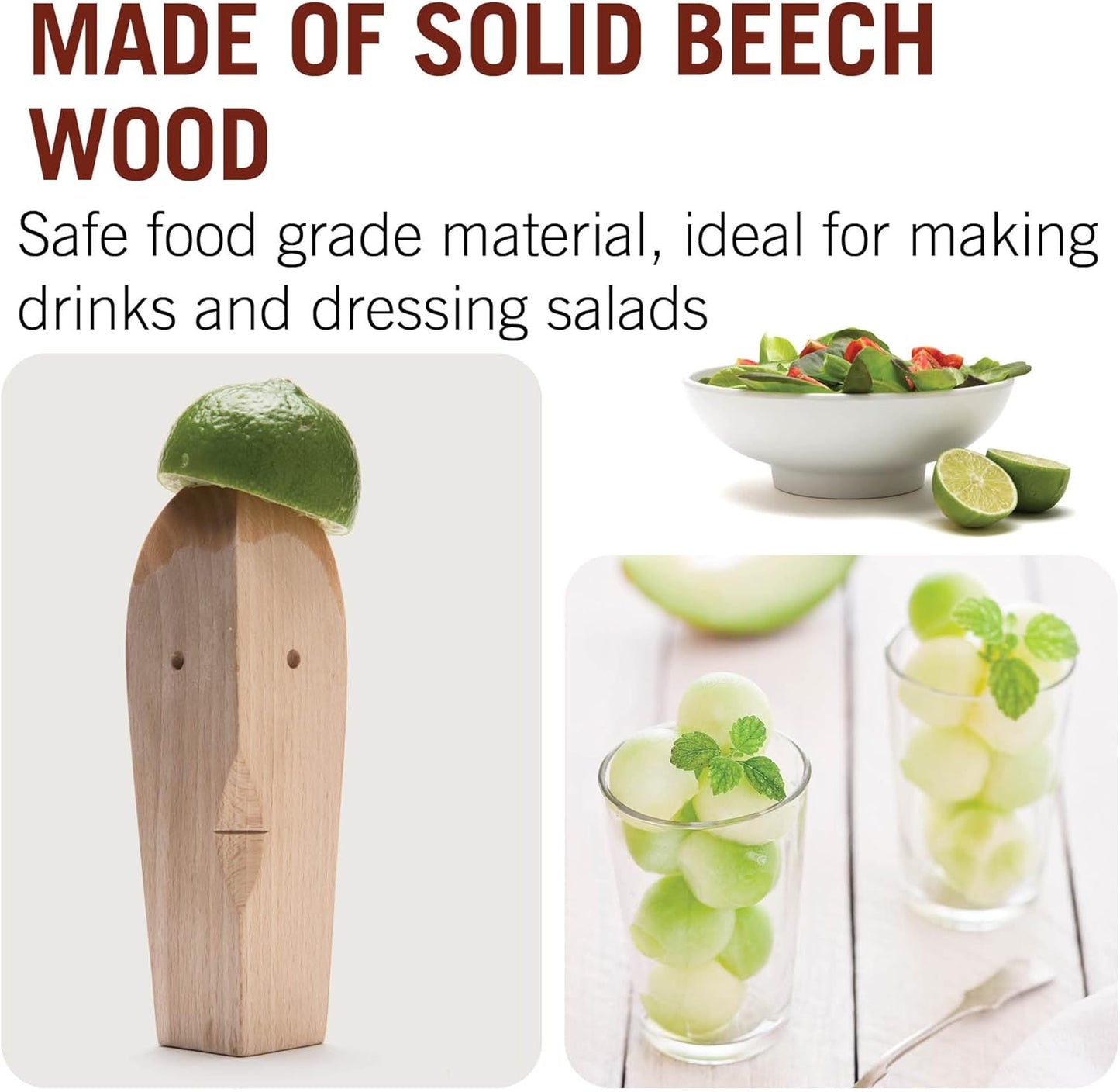 Beechwood citrus reamer with a lime half on top, shown beside a salad bowl and glasses of melon balls garnished with mint.