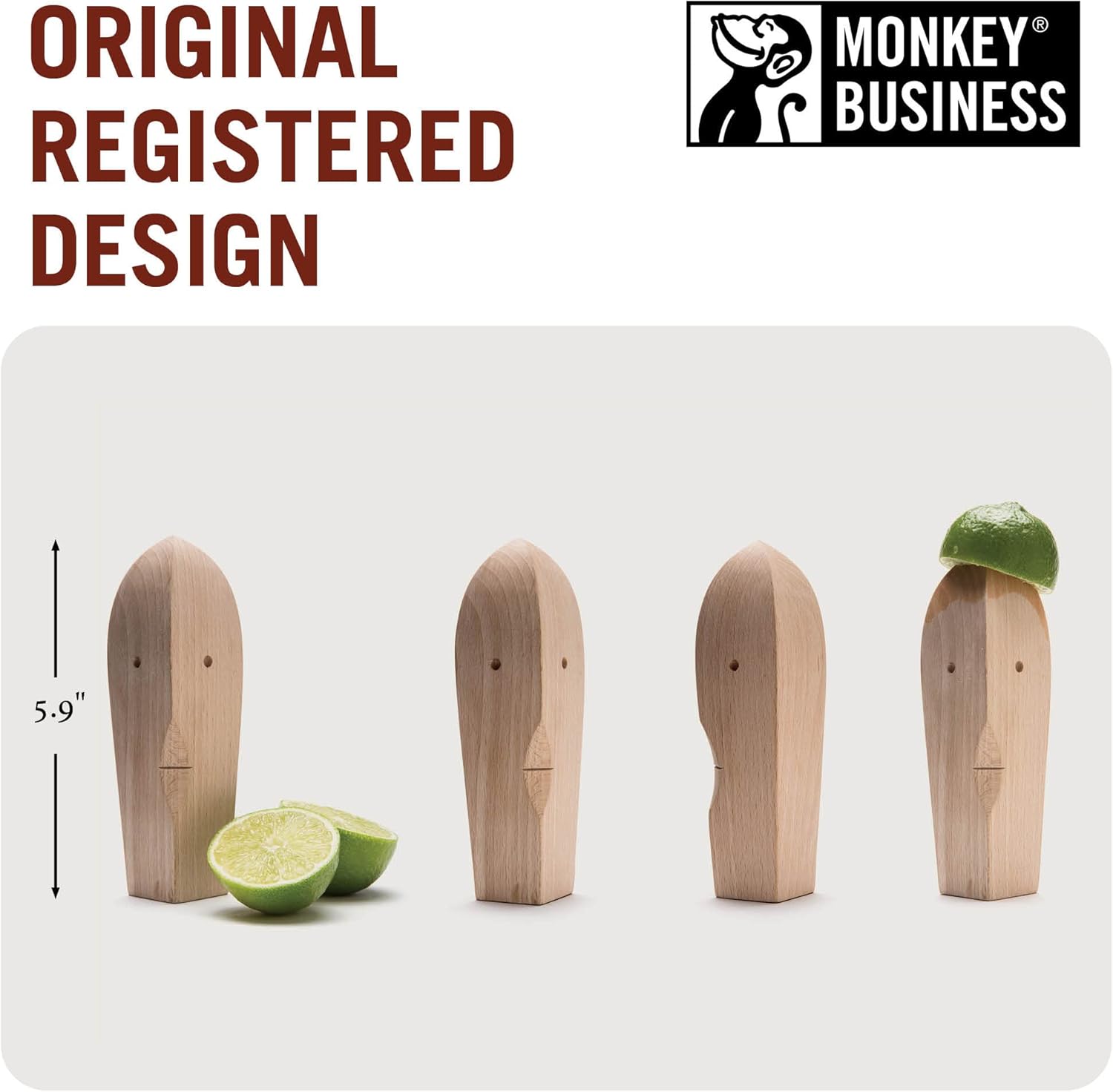 Four views of a 5.9-inch wooden citrus reamer with a face design, one topped with a lime half, branded as an original Monkey Business product.