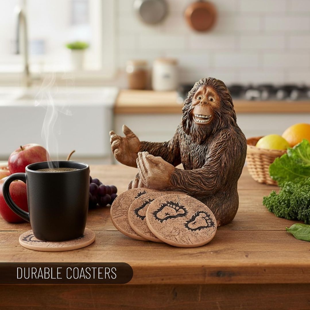 A ceramic Bigfoot figurine sits on a wooden kitchen counter beside a black coffee mug and three round coasters printed with footprints. The scene is set in a bright, blurred kitchen with fruits and vegetables on the counter.