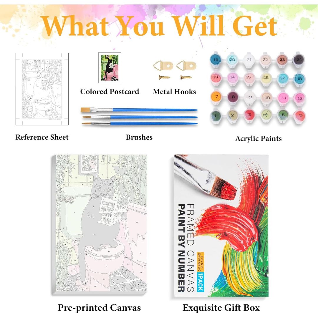 Black cat bathroom paint-by-numbers kit with pre-printed canvas, acrylic paints, brushes, reference sheet, postcard and hanging hooks