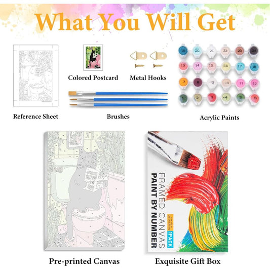 Black cat bathroom paint-by-numbers kit with pre-printed canvas, acrylic paints, brushes, reference sheet, postcard and hanging hooks