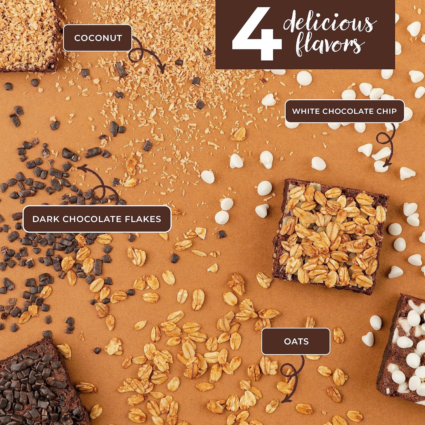 A close-up of four brownie flavors—coconut, dark chocolate flakes, white chocolate chip, and oats—scattered with their ingredients on a brown surface.
