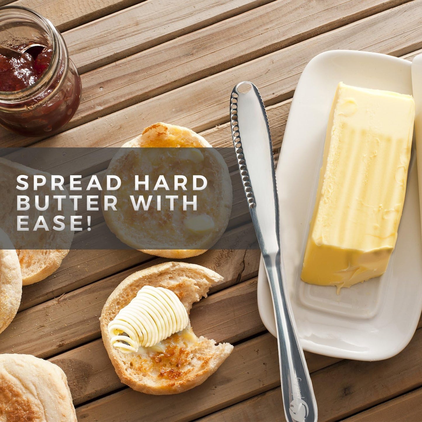 A butter curling knife is resting next to some butter and toasted muffins.