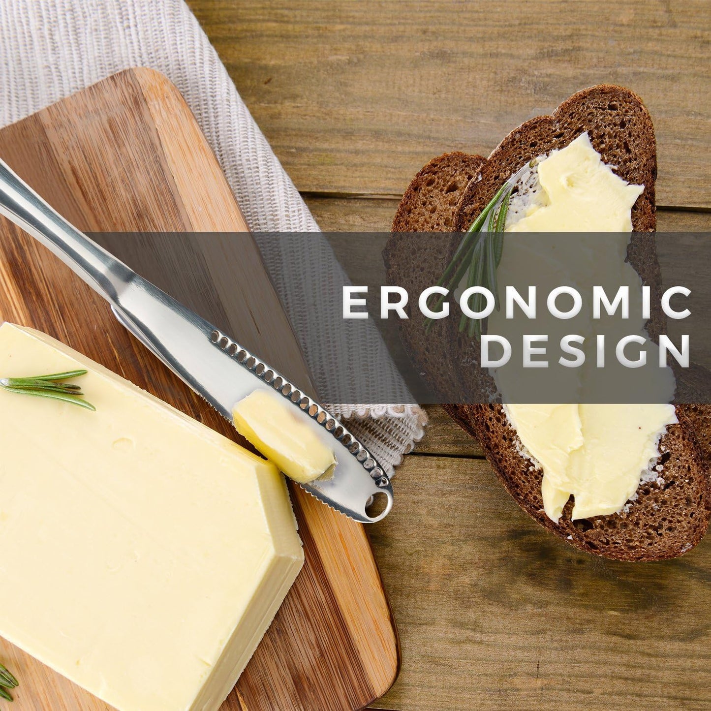 A butter curling knife is on a wooden chopping board next to some bread which has butter spread on it.