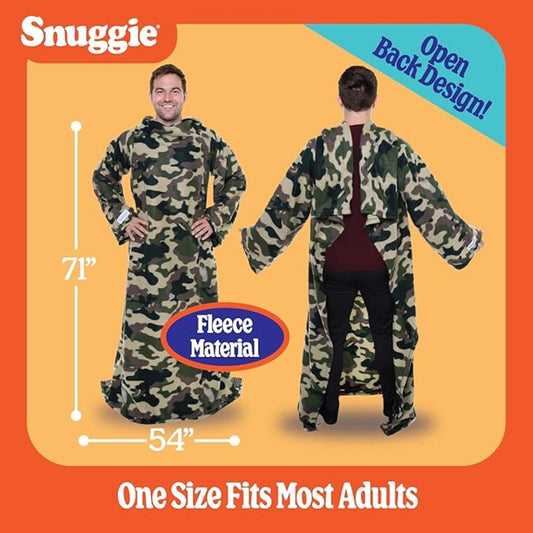 A promotional graphic for a camouflage fleece wearable blanket shown on a man from the front and back, with orange and yellow background panels, size measurements (71 inches tall by 54 inches wide), and text reading 'Open Back Design!' and 'One Size Fits Most Adults.'.