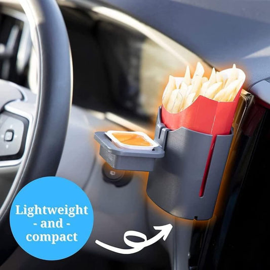 A car door pocket organizer holding a red french fry container and a small dipping sauce cup, shown installed on a car door with a steering wheel visible. A blue circular badge reads 'Lightweight and compact' with a white arrow.