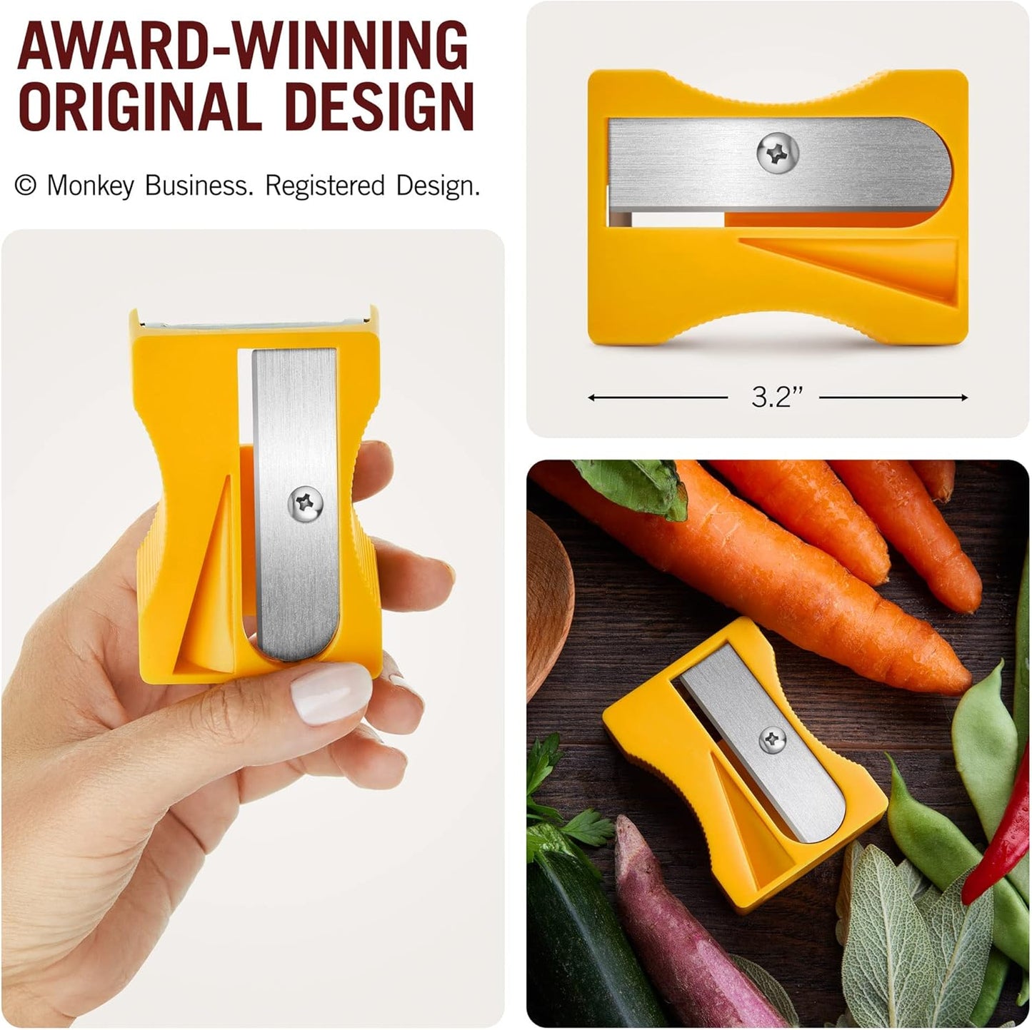 Yellow carrot sharpener shown in hand and alongside vegetables, highlighting its compact 3.2-inch award-winning design.