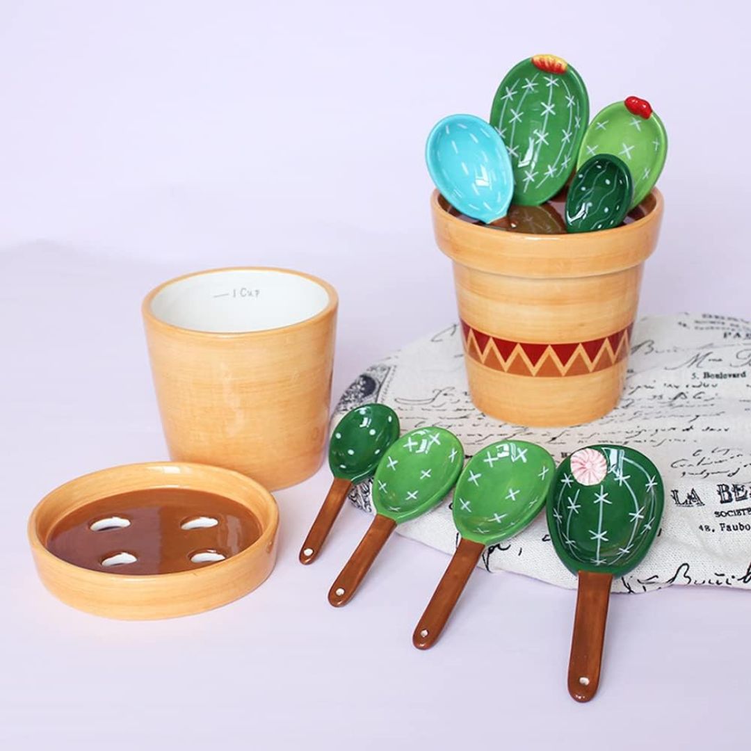 Cactus-themed measuring spoons and a small pot laid out on a table with a grey brackground