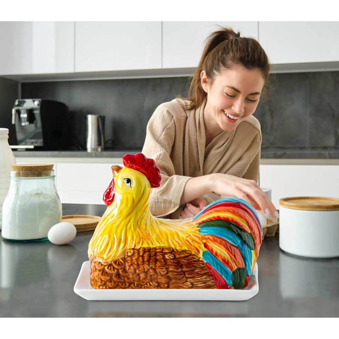 A person in a beige robe stands in a kitchen, smiling at a colorful ceramic chicken-shaped butter dish on a white tray, with jars and an egg on the counter.