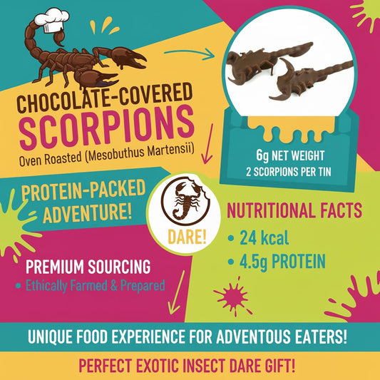 Chocolate covered edible scorpions with numerous nutritional facts on a colored background.