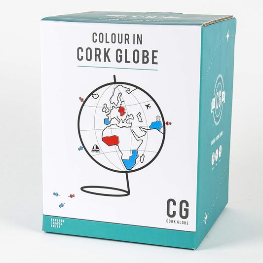 Box for a cork globe with world map illustration on a white background