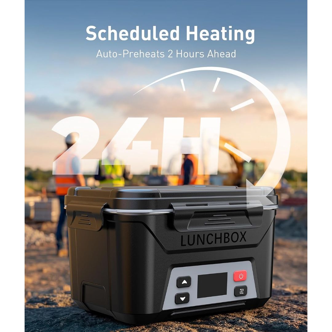 A black digital-controlled cordless heated lunchbox cooler with a front display and buttons, shown outdoors on a construction site with overlaid marketing text reading 'Scheduled Heating,' 'Auto-Preheats 2 Hours Ahead,' and '24H.'.