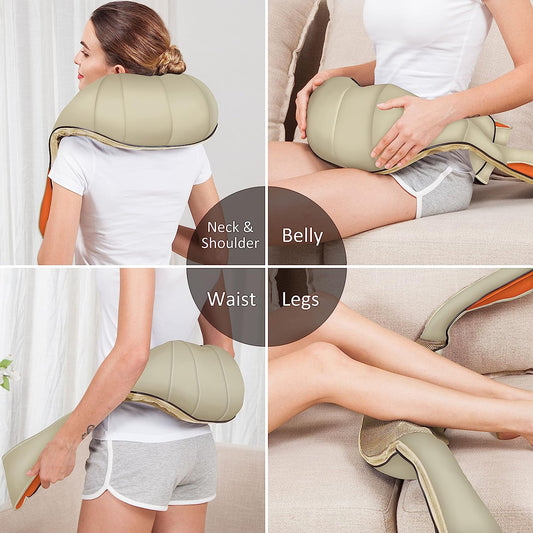 Four images of a cordless neck massager on a woman's stomach, legs, waist and neck.
