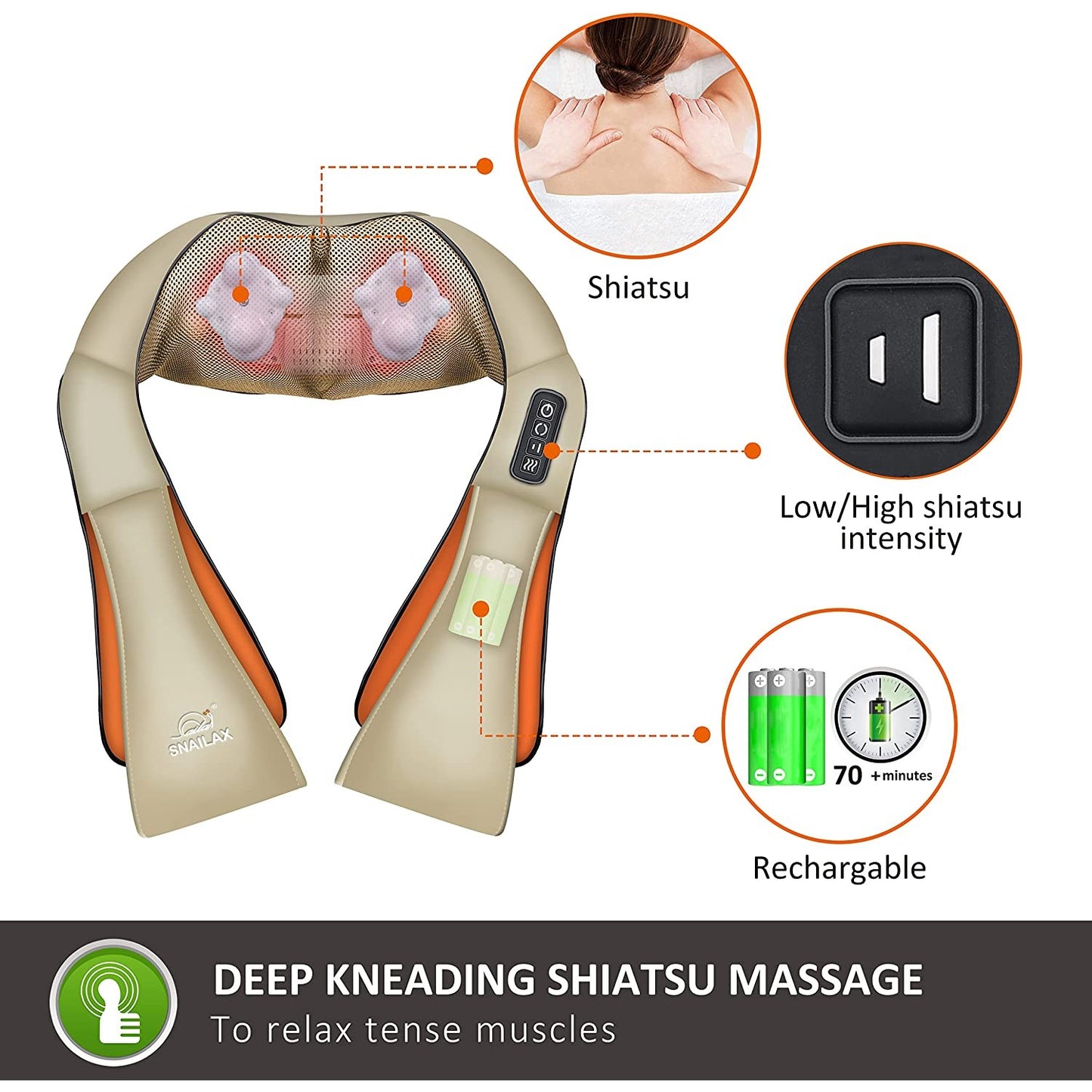 Details for a cordless neck massager.