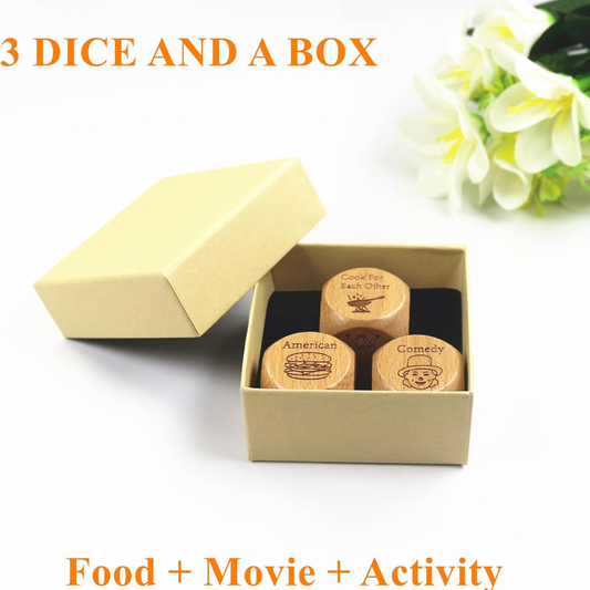 Three wooden couples date night dice with engravings in a beige box on a white background.