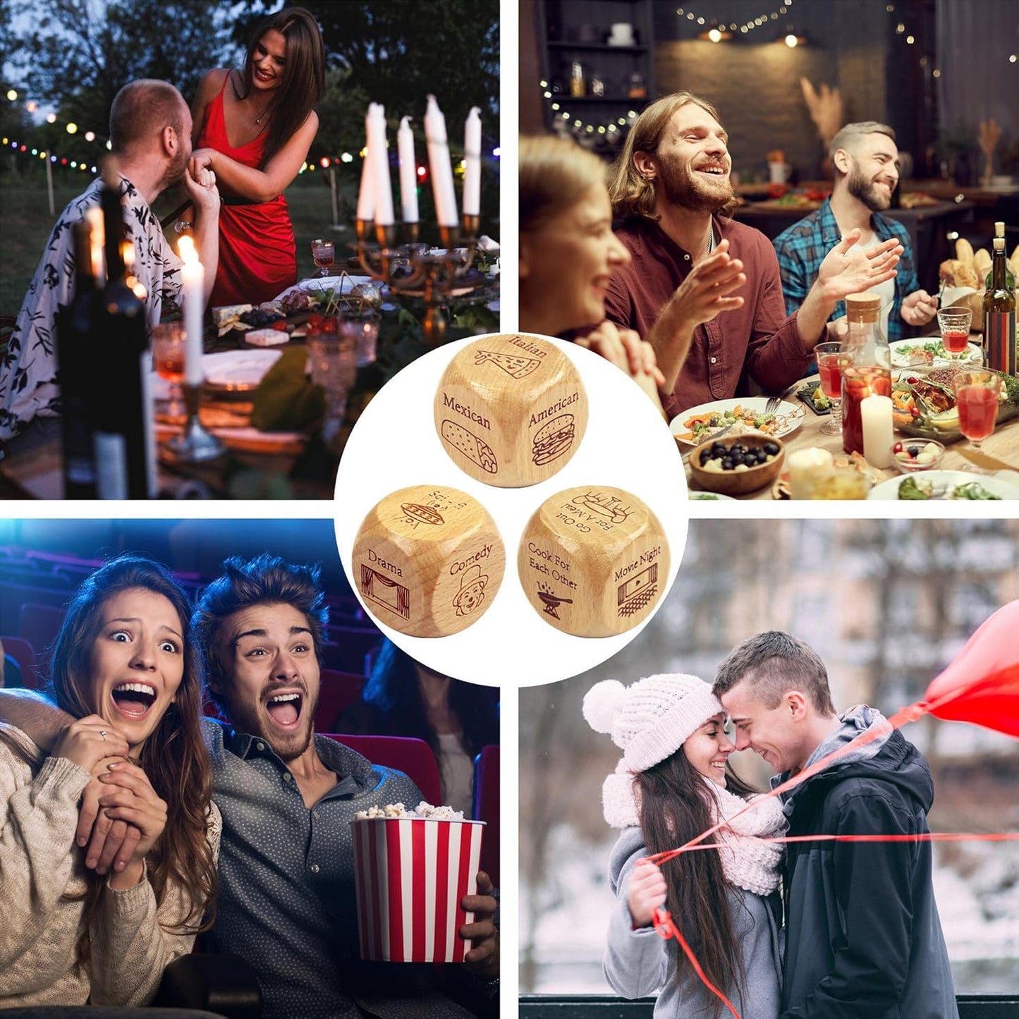 Collage of people enjoying various activities with a focus on a pair of couples date night dice.