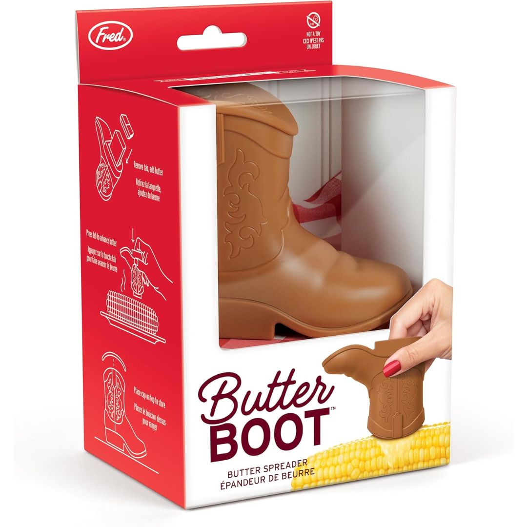 Butter Boot box packaging with a boot shaped corn butter spreader inside the box.