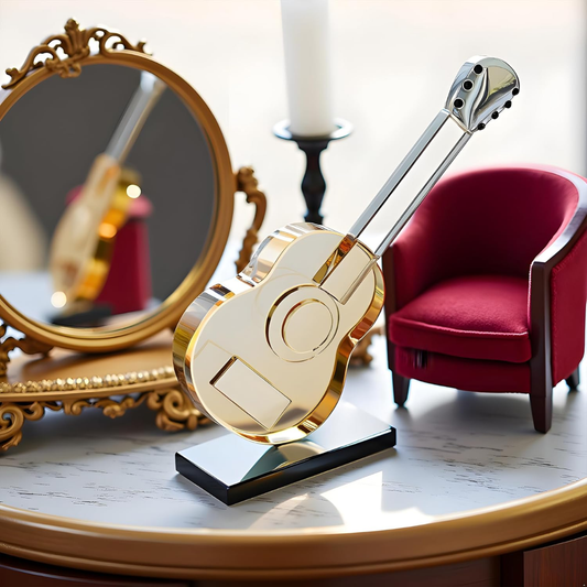 Decorative glass guitar on a stand with a mirror and red chair in the background.